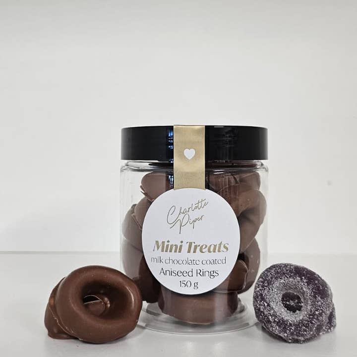 Mini Treat Jar Milk Chocolate Aniseed Rings 150g (12) MT2 for wholesale by Charlotte Piper
