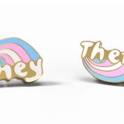 Boucles d'oreilles They Them Post — Clous non binaires LGBTQ+ Gold Pride pour la vente par Yellow Owl Workshop