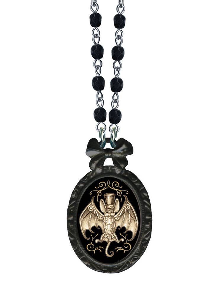 Steampunk Bat Victorian Oval Bow Frame Necklace for wholesale by Classic Hardware