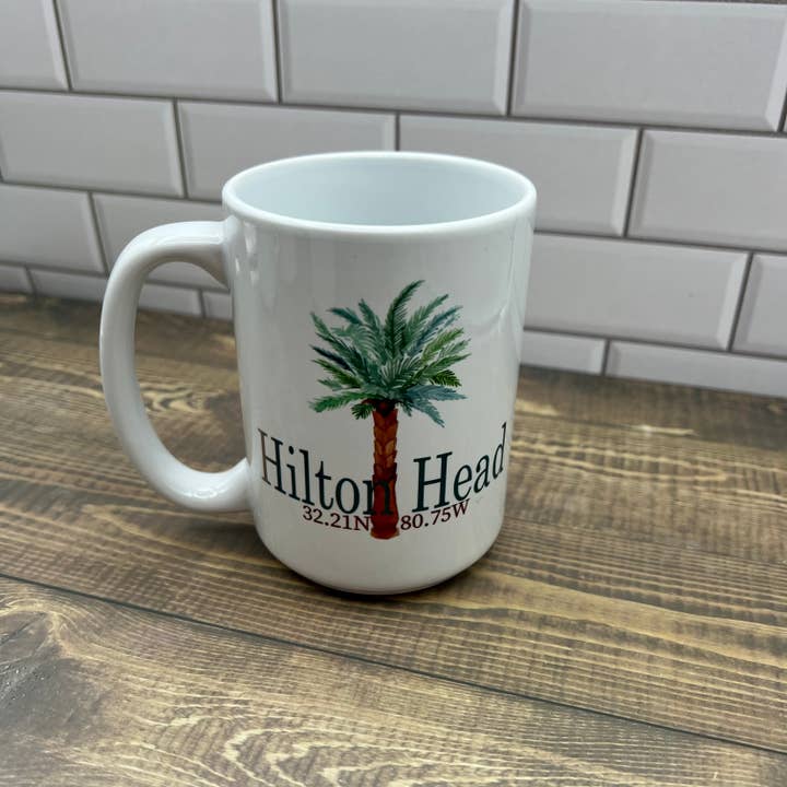 Tazza da caffè Palm Tree da 38,1 ml - Personalizzala con «la tua città» per la vendita all'ingrosso da parte di Blue Poppy Designs