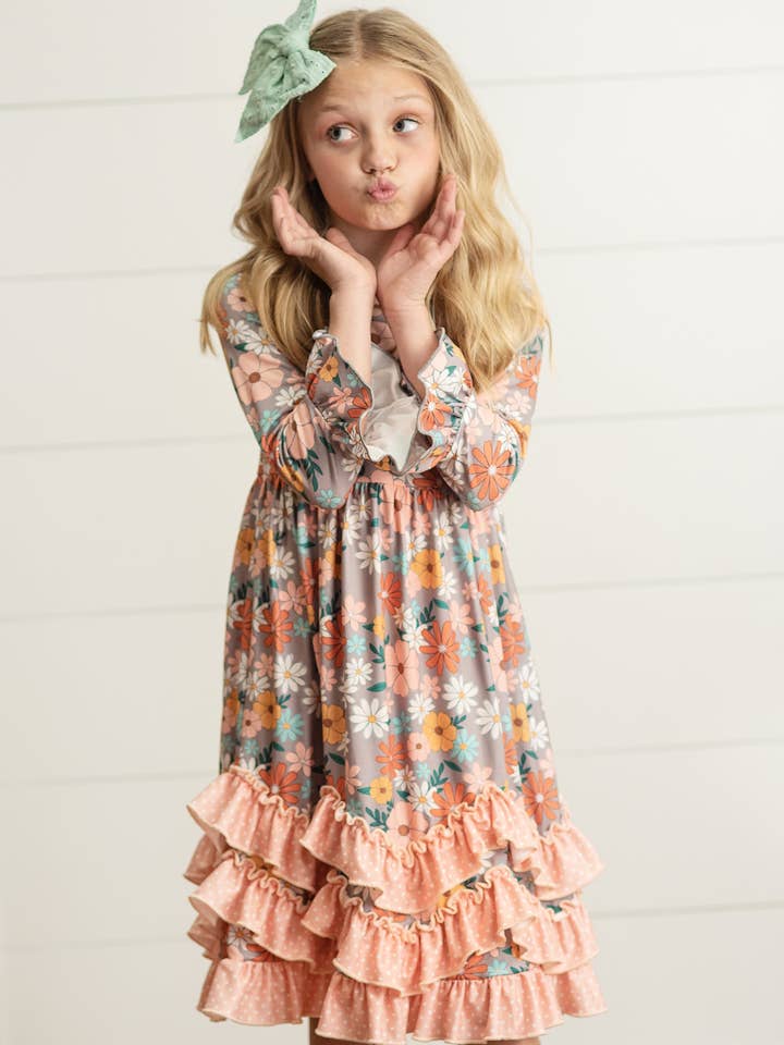 Adorable Sweetness - Wholesale Dress - Kids - Kids Peach Vintage Floral Long Sleeve Fall 3 Ruffle Dress1