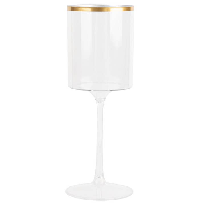 Posh Setting - Wholesale Wine Glass - 14 Oz Clear and Gold Plastic Stemmed Wine Goblets - 5 Count