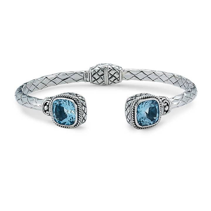 SS Woven Design Hinged Bangle With Cushion Blue Topaz for wholesale by Eli Pebble