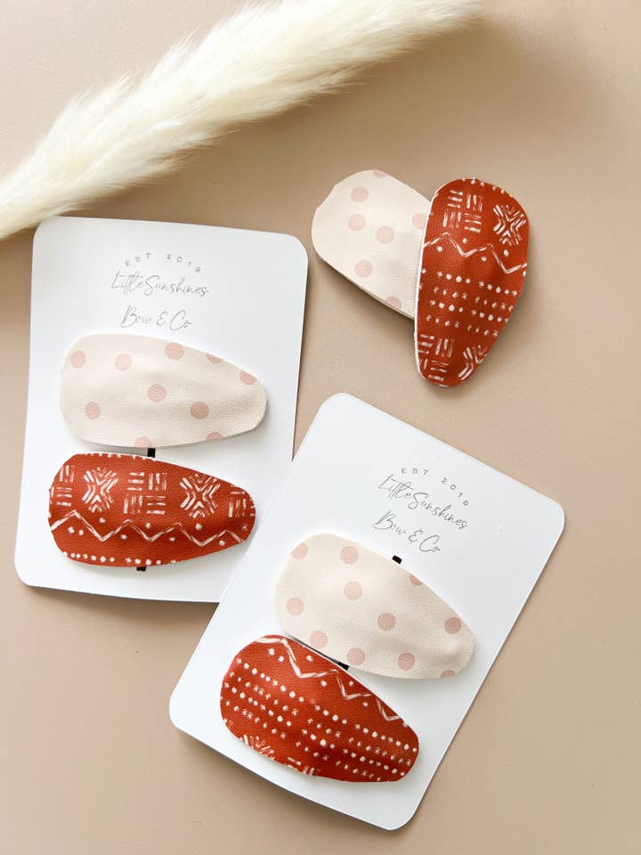 Light Pink Polka Dot Snap Leather Clips- Set of 2 for wholesale by Little Sunshines Bow & Co