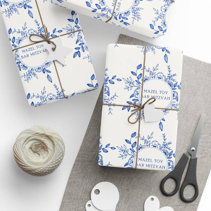 Lokipawz - Wholesale Flat Wrap - Mazel Tov Bar Mitzvah Blue Floral Gift Wrap9