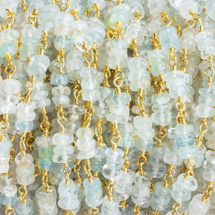 Aquamarine Rondelle Trio Gold Plated Chain by the Foot 72 pieces for wholesale by The Bead Traders