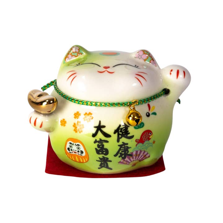 3.5"H Lucky Cat Ceramic Figurine Green (12/120) for wholesale by Urban Tokyo