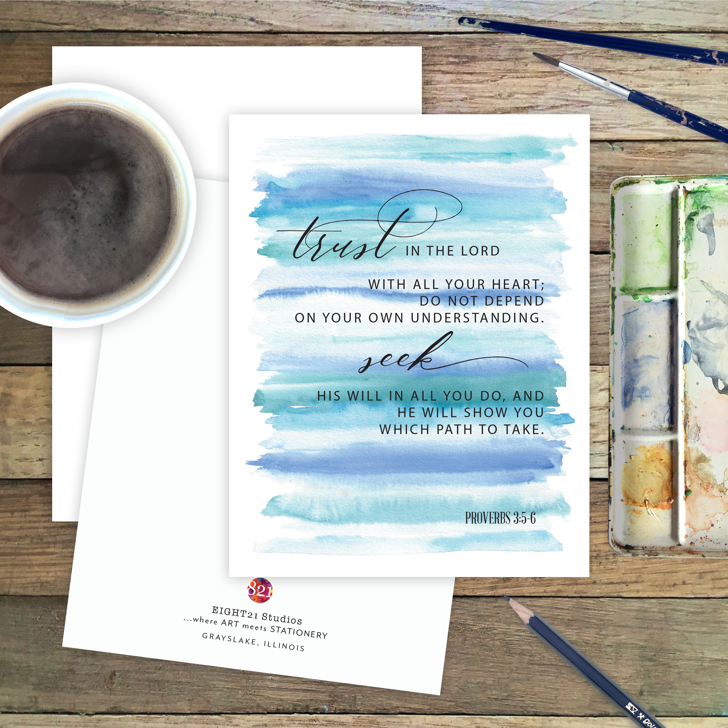 Eight21 Studios + Unique Greeting Cards, Art and Stationery - Wholesale Everyday Greeting Card - Proverbs3:5-6 Trust Scripture Christian Verse Greeting Card3