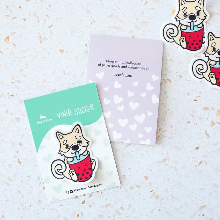 SALE // Cream Shiba Inu and Bubble Tea Vinyl Sticker for wholesale by Hop & Flop