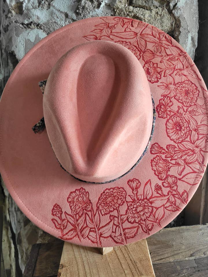 Zinnia FREEHAND burned hat for wholesale by The Broody Hen