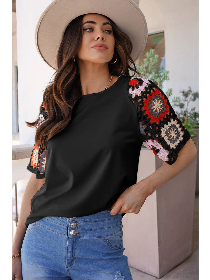 Aapparella - Wholesale Knit Top - Women's - Women Floral Crochet Patchwork Round Neck Top | S-XL