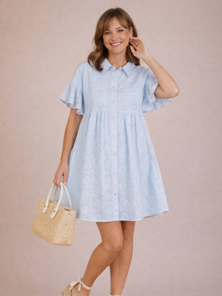 Eyelet Lined Button Front Shirt Dress
for wholesale by Pine Apparel