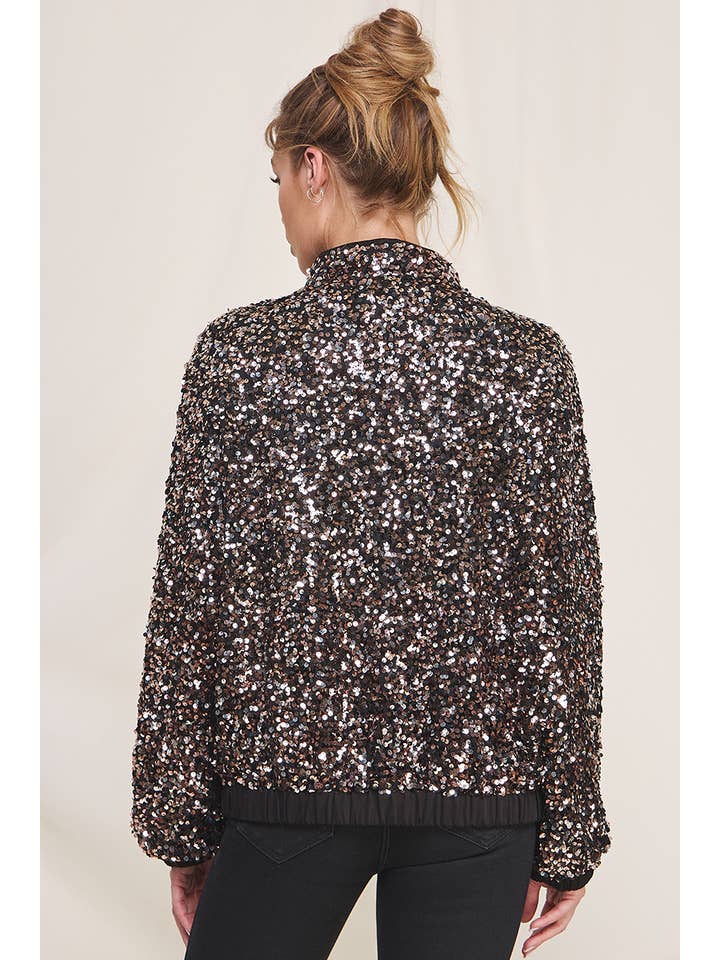 Black Rose Silver Fun Sequins Bomber Jacket for wholesale on Faire2