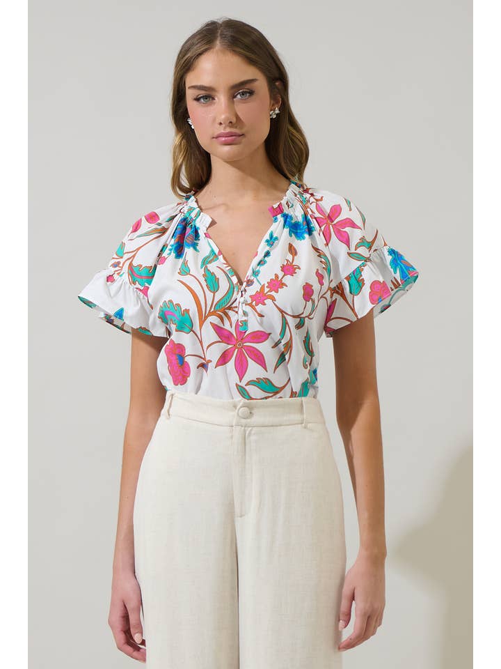 WhiteFuschia Izzie Floral Macy Ruffle Top for wholesale on Faire