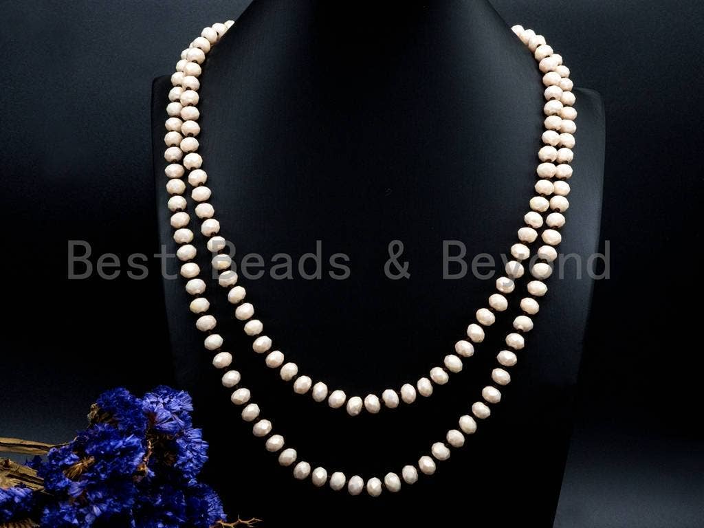 BestBeads&Beyond – wholesale Pärlband/Pärlhalsband – 60 tum/36inches Handknutna Beige Kristall Halsband, D51