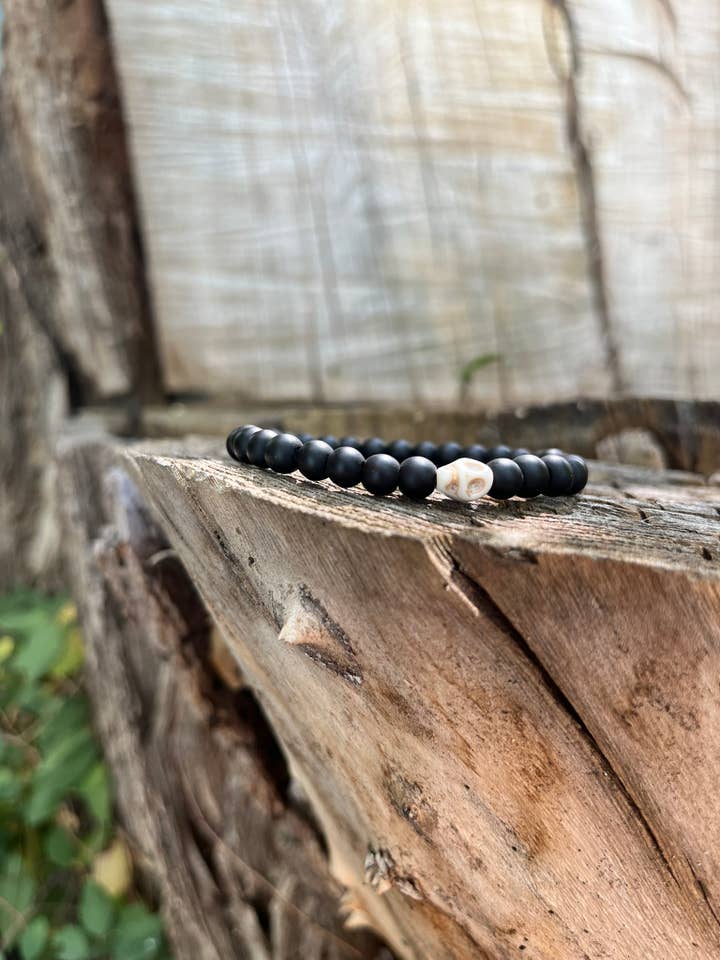 Skull and Black Onyx 6mm Beaded Stretch Bracelet for wholesale by Peace Within Co.