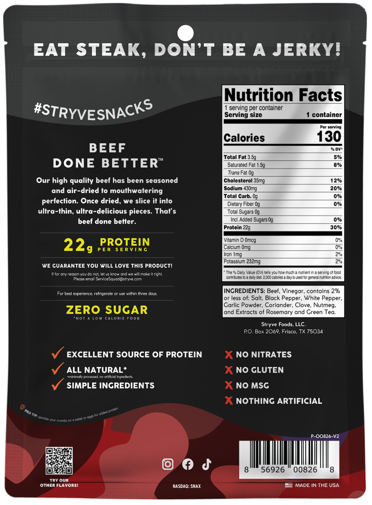 Stryve Foods, LLC - Wholesale Jerky - Stryve Thinly Sliced Steak Brisket - 1.5oz1