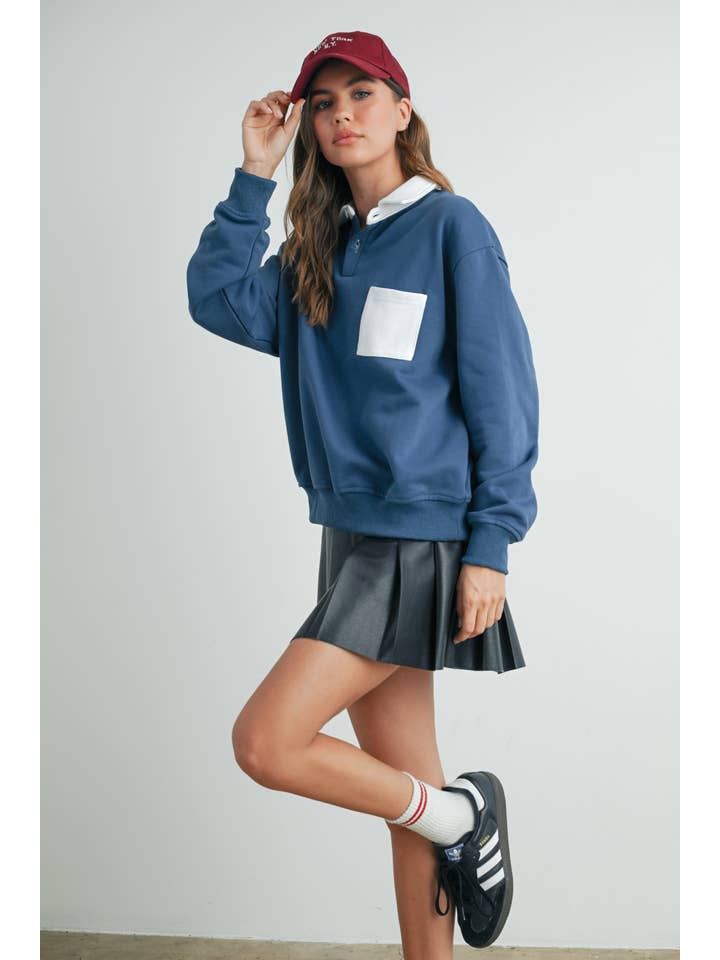 BUTTERMELON - Wholesale Sweatshirt – Women's - Two-Toned Polo Collar Sweatshirt - BMT75255