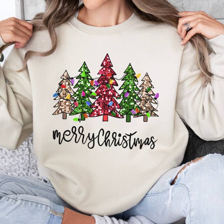 ATTA TOOD LLC - Wholesale Graphic Sweatshirt - Women's - Merry Christmas women's sweatshirt, Sparkling trees, Top