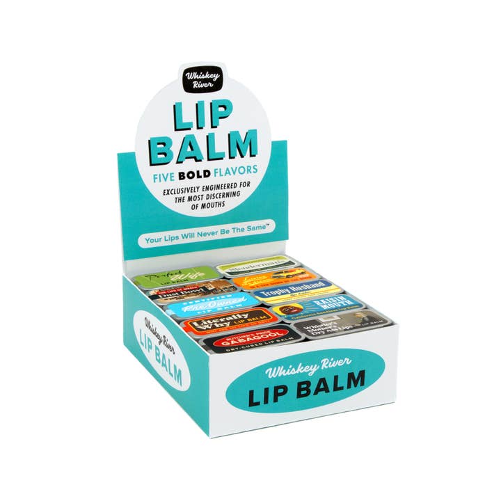 Whiskey River Soap Co. - Wholesale Lip Balm Set - Funny Old School Lip Balm Tin Set with Display (Clean)