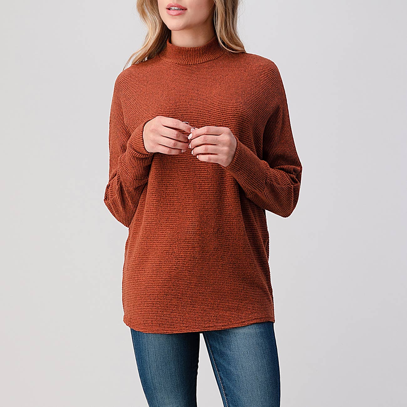 Heimious - Wholesale Knit Top - Women's - Mock Neck Long Dolman Sleeve Ribbed Knit Top, T26117