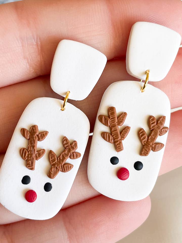 White Reindeer Dangle Earrings - Polymer Clay Earrings for wholesale by Autumn Cloud Design