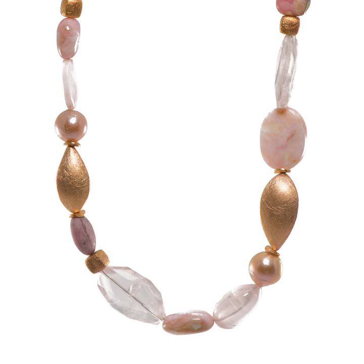 Rose Quartz, Pink Opalite, Flame and Pearls Necklace Fair Trade 24K Gold Vermeil for wholesale by Joyla Jewelry