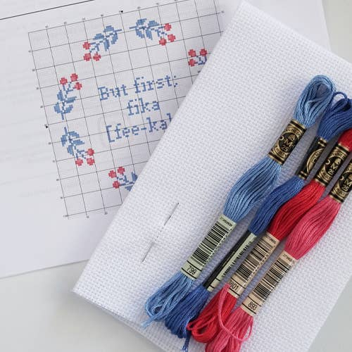 The Folklore Company – wholesale Embroidery/cross-stitch supplies – Cross stitch kit with aida – But first fika