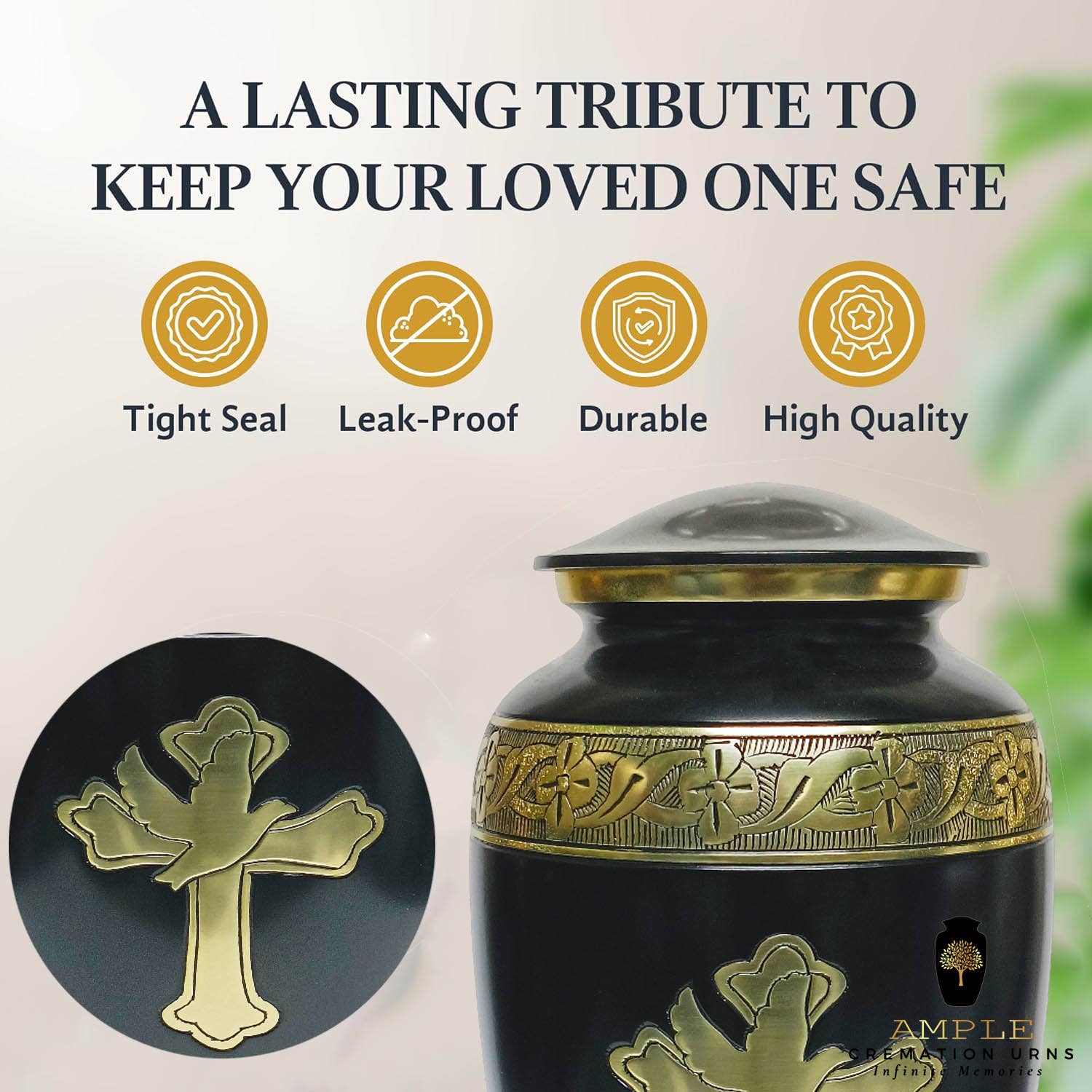 Ample Cremation Urns - Wholesale Urn - Black & Gold Cross Urn – Faith Dove Adult Ashes Memorial8