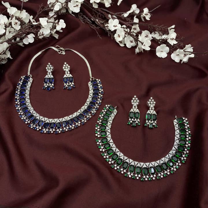 Emerald-Cut Multicolor American Diamond Choker Necklace for wholesale by Quirky Fashions