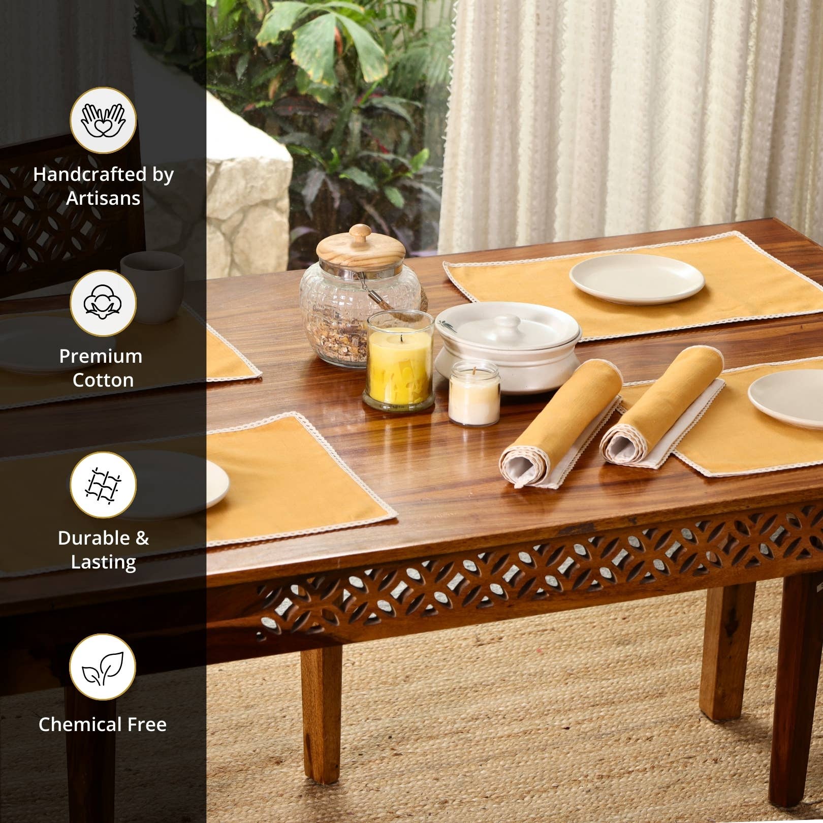 Mela Artisans - Vente Sets de table - Sets de table en crochet de coton moutarde et blanc cassé (30 cm x 45 cm)5