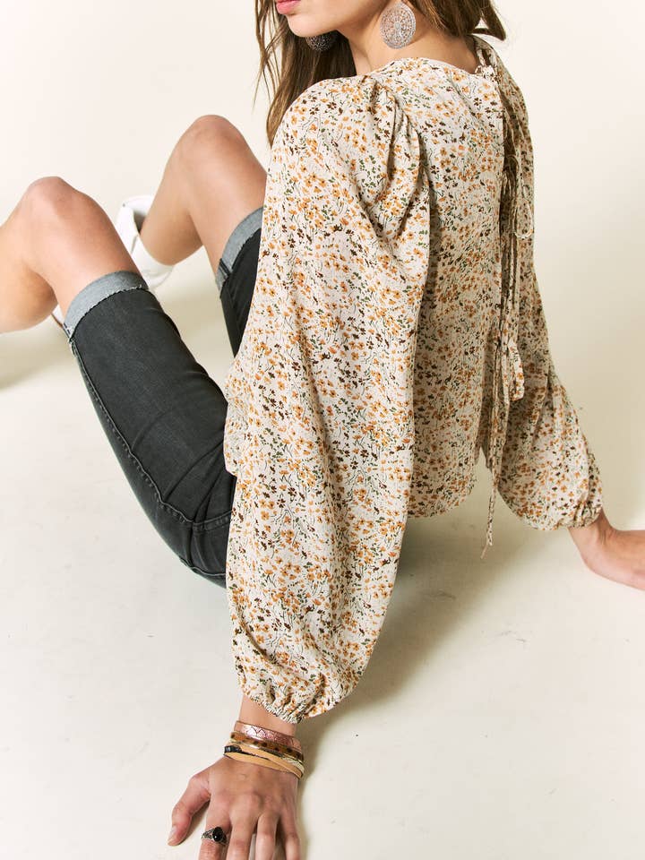 Petal Dew - Wholesale Blouse - Women's - FLORAL PRINT FRILLY TOP BLACK LACE UP - P0008312