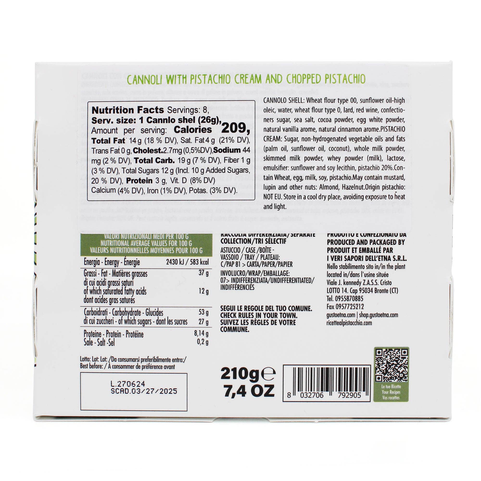 Wholesale Italian Food - Wholesale Cookie - Gusto Etna, Sicilian 8 pcs Cannoli filled with Pistachio Cream Gift Box4