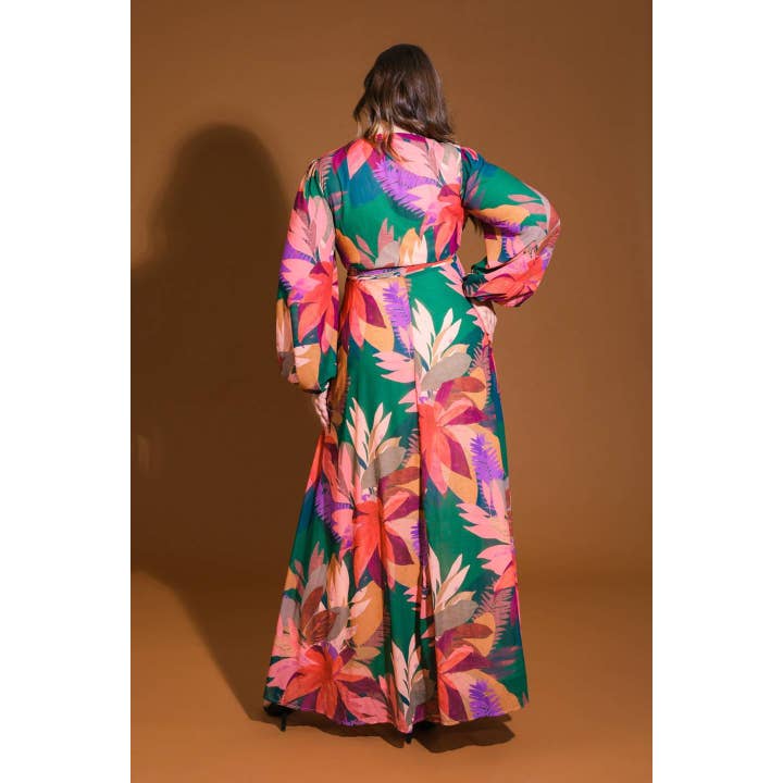 GREEN PLUS PRINTED WOVEN SURPLICE NECKLINE MAXI DRESS for wholesale on Faire3