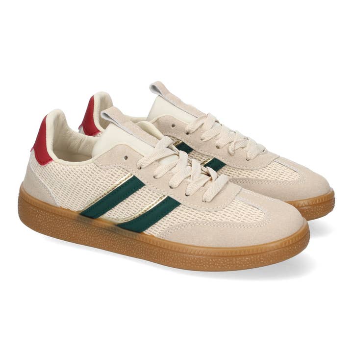 Baskets de sport décontractées pour femme beige avec rayures vertes pour la vente par Brideluxe Mayorista