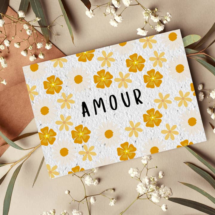 Cartolina per piantare «Amore circondato da fiori bianchi/arancioni» per la vendita all'ingrosso da parte di Mamie Bohéme