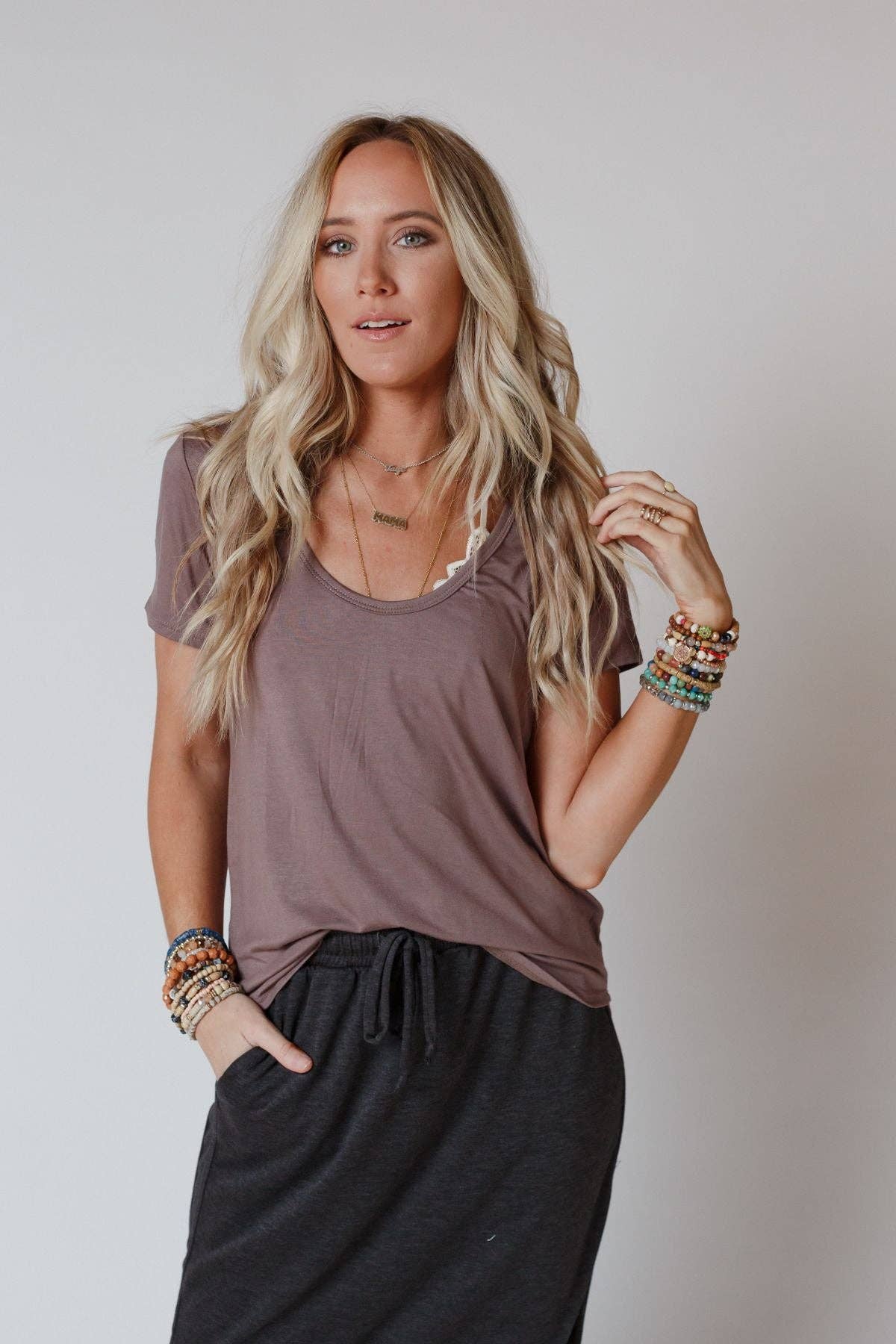 Scoop Neck Bralette Tee - Mocha for wholesale on Faire5