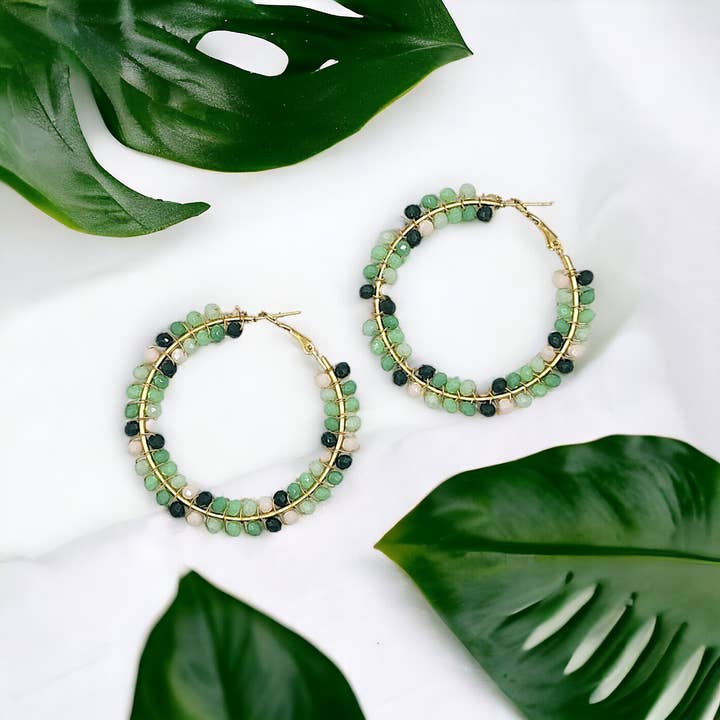 Narratives The Line - Wholesale Hoop Earrings - Green Ombre Mix Glass Beaded Hoop Earrings