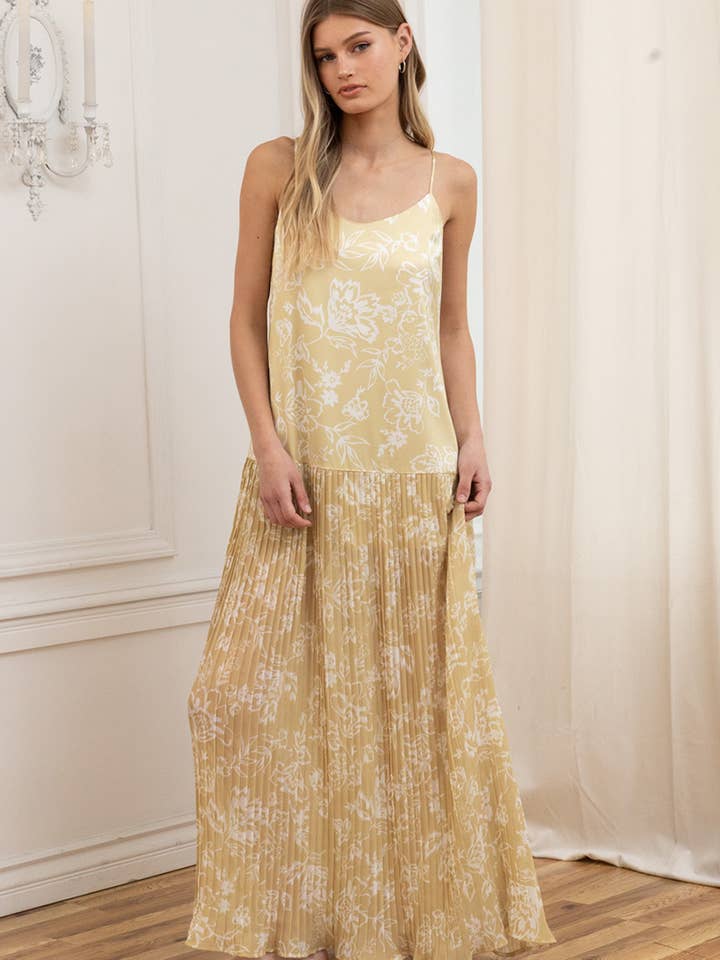 Satin Bodice Chiffon Pleated Midi Dress - RD1347 for wholesale by RAISONNEL