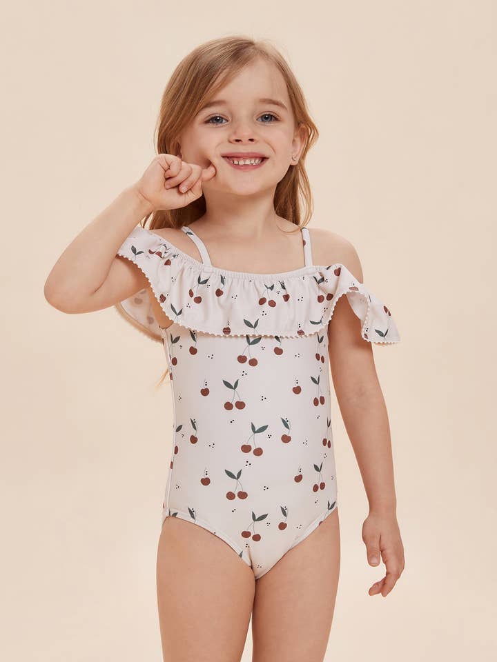 Girls' Cherry Print One-Piece Swimsuit with Ruffles for wholesale by Beautikini