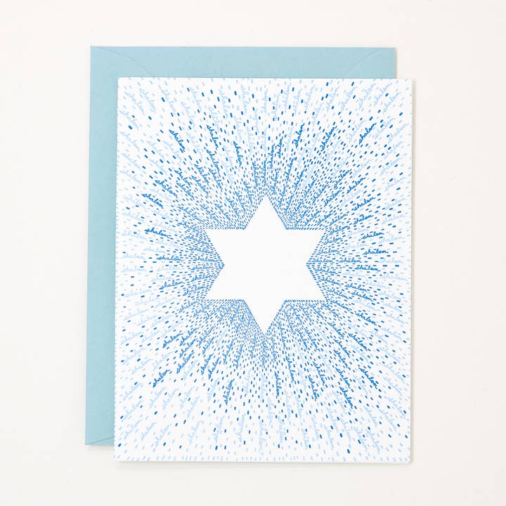 Carte typographique Shalom en forme d'étoile de David pour Hanoukka, imprimée à la main pour la vente par Helen Edna