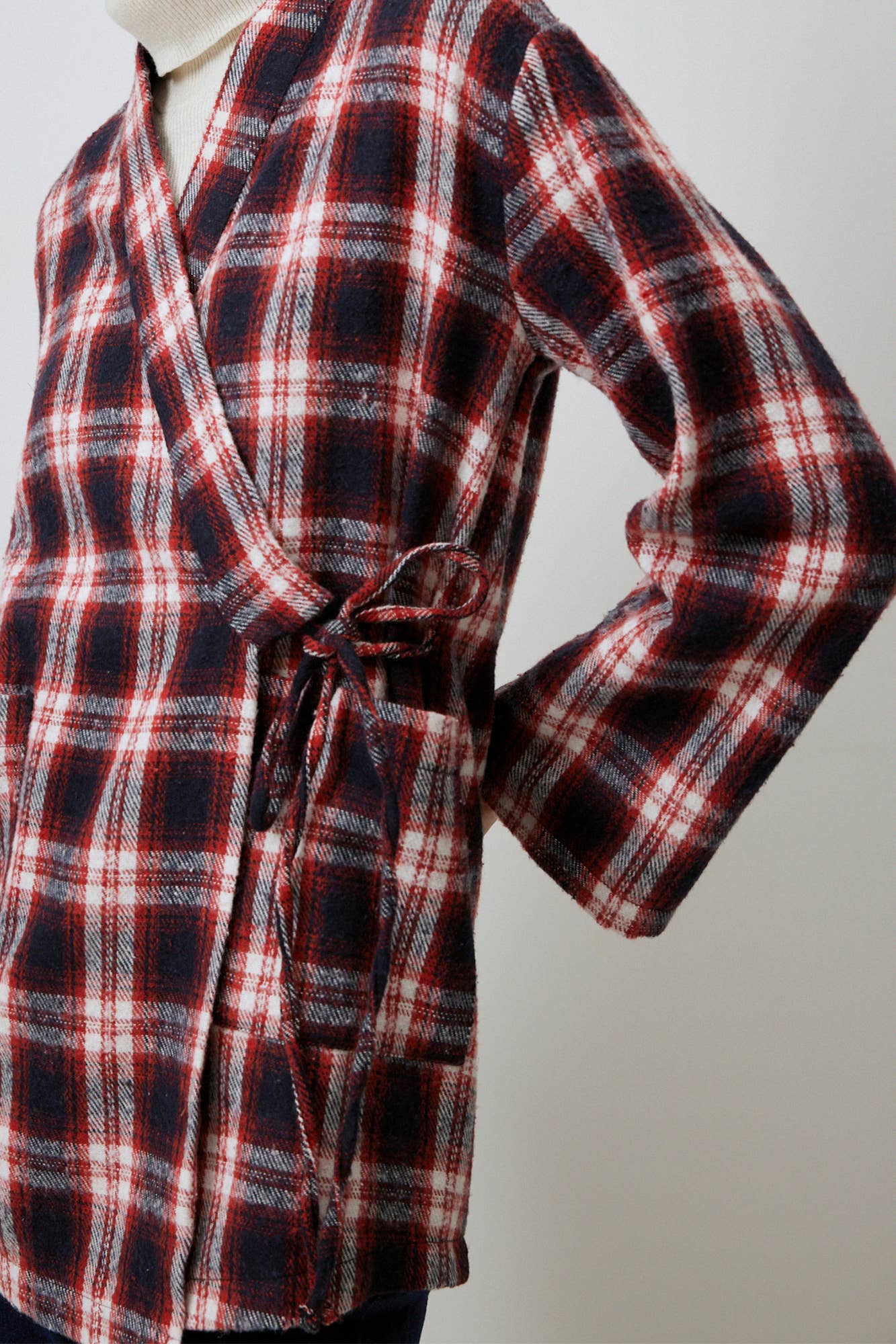 Red Plaid Cotton Blend Wrap Kimono Jacket with Tie Detail for wholesale on Faire2