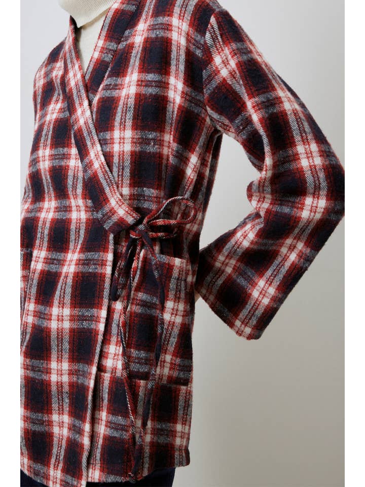 Red Plaid Cotton Blend Wrap Kimono Jacket with Tie Detail for wholesale on Faire2