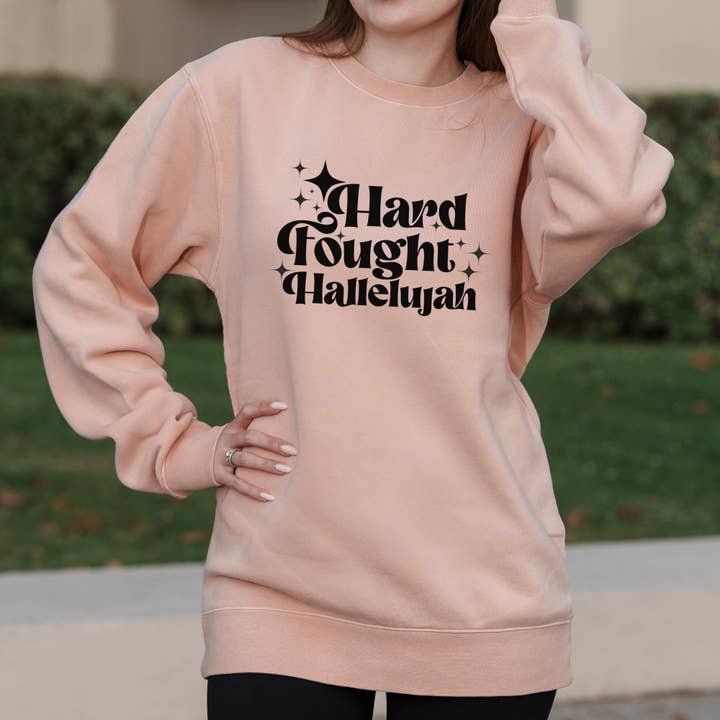 Hard Fought Hallelujah Retro Text Graphic with Christian Message – Pigment Crewneck Sweatshirt for wholesale by OSME