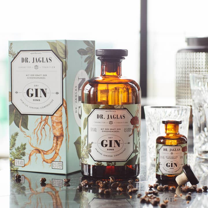 Dr. Jaglas - Vendita all'ingrosso Gin - Dry Gin Seng gin artigianale, senza zucchero, vegano, con confezione regalo design2
