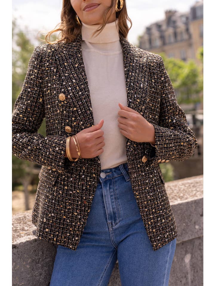 Attentif Paris – wholesale Blazer – Women's – Black shiny sequin tweed double-breasted blazer jacket