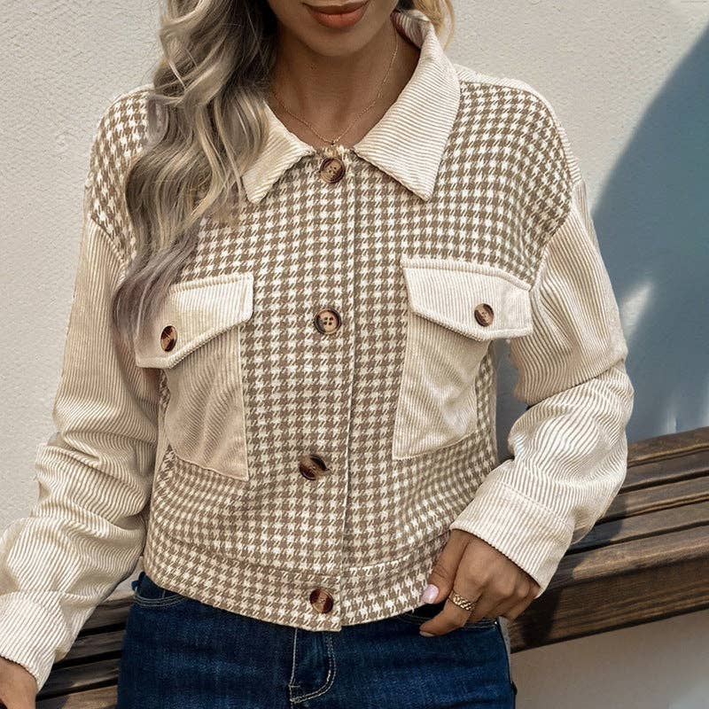 Khaki Women’s Retro Corduroy Splicing Houndstooth Jacket for wholesale on Faire2