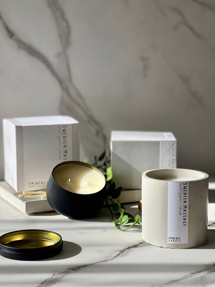 Swedish Massage Candle | Concrete Candle | Travel Tin Candle for wholesale by Eminence Candle Collective