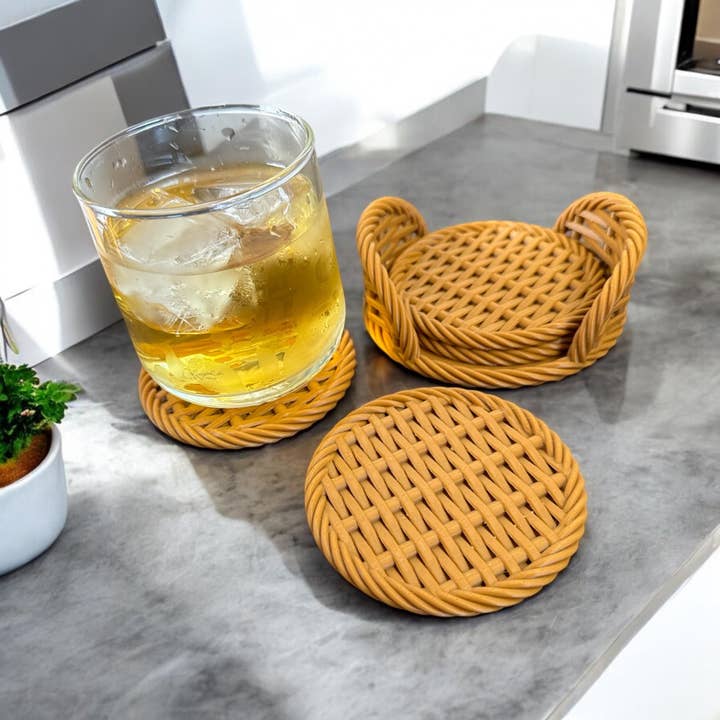 Rattan Style 3d printed coaster 4set for wholesale by Roussell Prints and Demand LLC