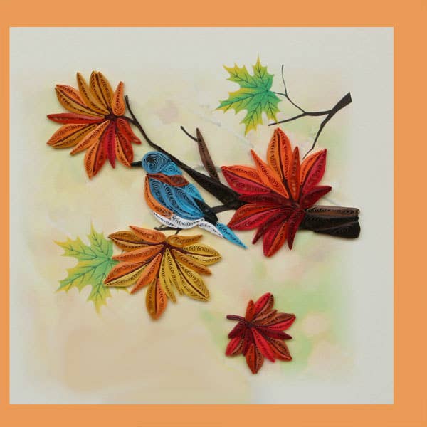 Maple leaves, blue jay, quilling card, handmade card, greeting, paper art WN 31 for wholesale by YoderDo Quilling Greeting Cards